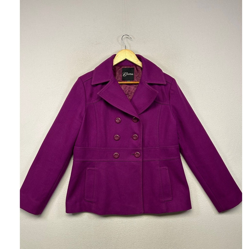 Guess Peacoat Wool Blend Womens XL Magenta Purple Double Breasted Jacket Y2K3